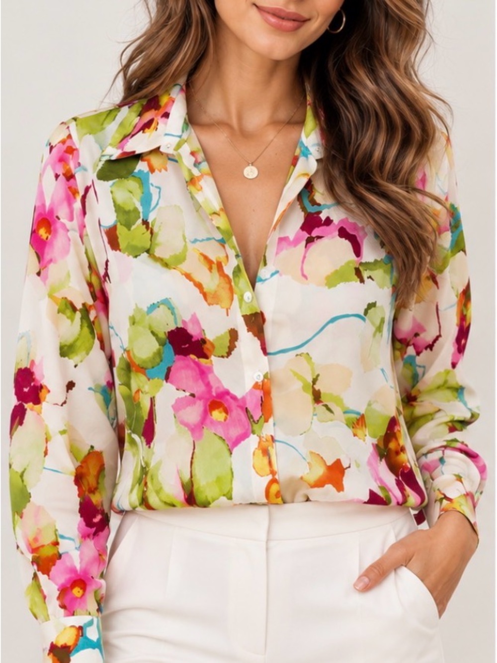 Zara Women S Watercolor Floral Button Down Blouse Pink Green Multicolor